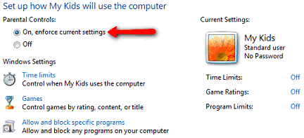 Windows 7 parental control settings